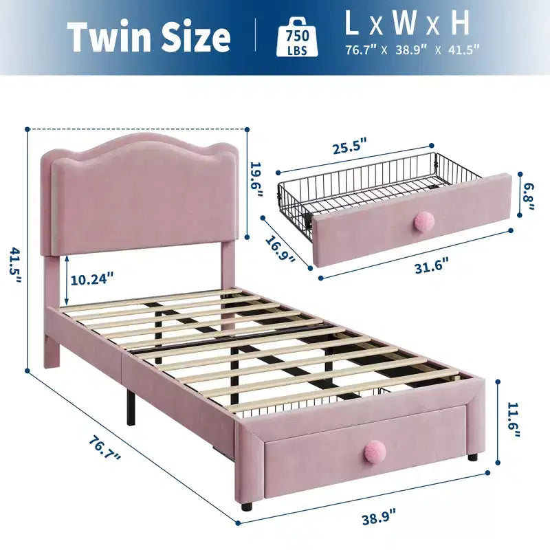 Letto per bambini imbottito Twin Size con testiera curva, cassetto portaoggetti, tessuto in velluto, robuste doghe in legno, nessun bisogno di rete a molle