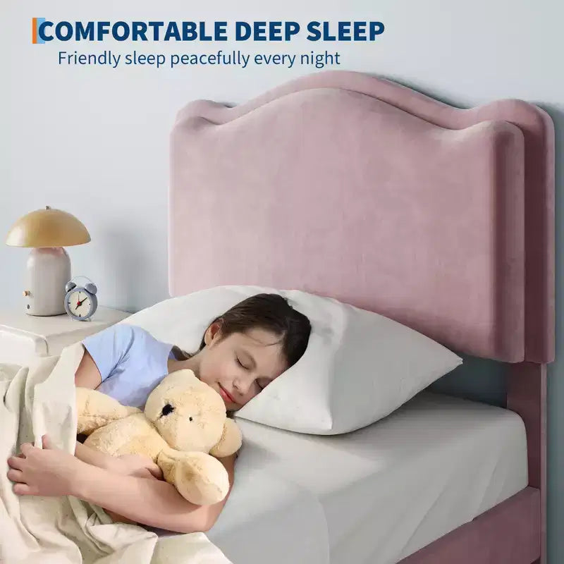 Letto per bambini imbottito Twin Size con testiera curva, cassetto portaoggetti, tessuto in velluto, robuste doghe in legno, nessun bisogno di rete a molle