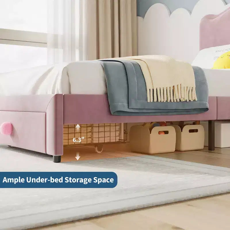 Letto per bambini imbottito Twin Size con testiera curva, cassetto portaoggetti, tessuto in velluto, robuste doghe in legno, nessun bisogno di rete a molle