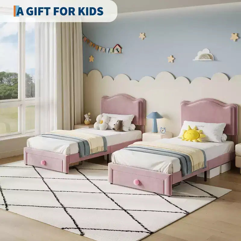 Letto per bambini imbottito Twin Size con testiera curva, cassetto portaoggetti, tessuto in velluto, robuste doghe in legno, nessun bisogno di rete a molle