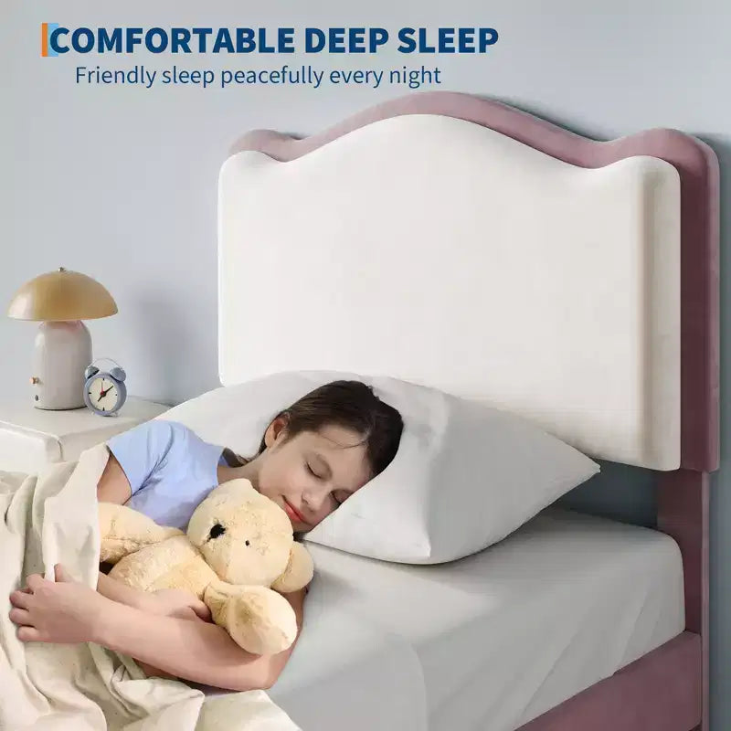 Letto per bambini imbottito Twin Size con testiera curva, cassetto portaoggetti, tessuto in velluto, robuste doghe in legno, nessun bisogno di rete a molle