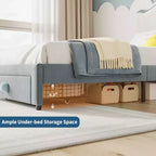 Letto per bambini imbottito Twin Size con testiera curva, cassetto portaoggetti, tessuto in velluto, robuste doghe in legno, nessun bisogno di rete a molle
