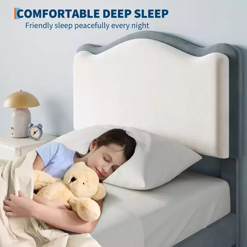 Letto per bambini imbottito Twin Size con testiera curva, cassetto portaoggetti, tessuto in velluto, robuste doghe in legno, nessun bisogno di rete a molle