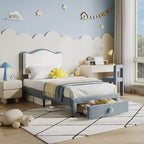 Twin Size Upholstered Kids Bed Frame with Curved Headboard, Storage Drawer, Velvet Fabric, Strong Wood Slats, No Box Spring Needed