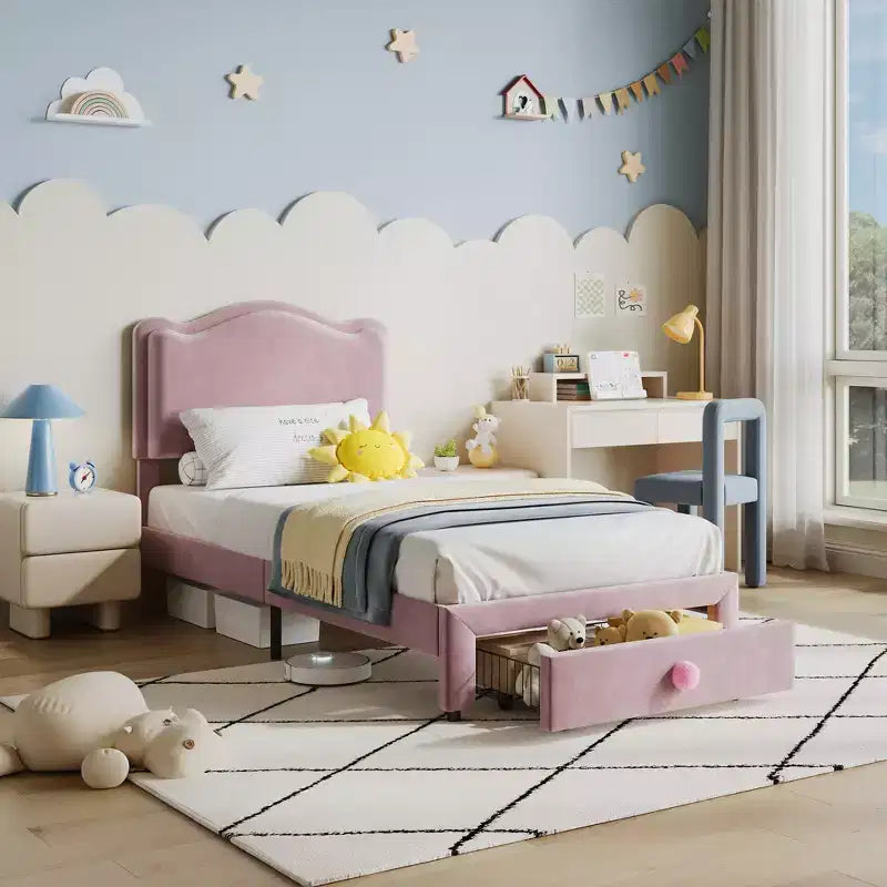 Letto per bambini imbottito Twin Size con testiera curva, cassetto portaoggetti, tessuto in velluto, robuste doghe in legno, nessun bisogno di rete a molle