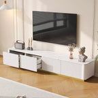 Mobile TV CLIHOME con scanalature per TV fino a 85 pollici, Consolle multimediale con piano in finto marmo e 4 cassetti, Centro di intrattenimento con base dorata