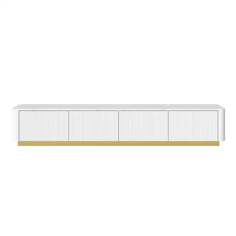 Mobile TV CLIHOME con scanalature per TV fino a 85 pollici, Consolle multimediale con piano in finto marmo e 4 cassetti, Centro di intrattenimento con base dorata