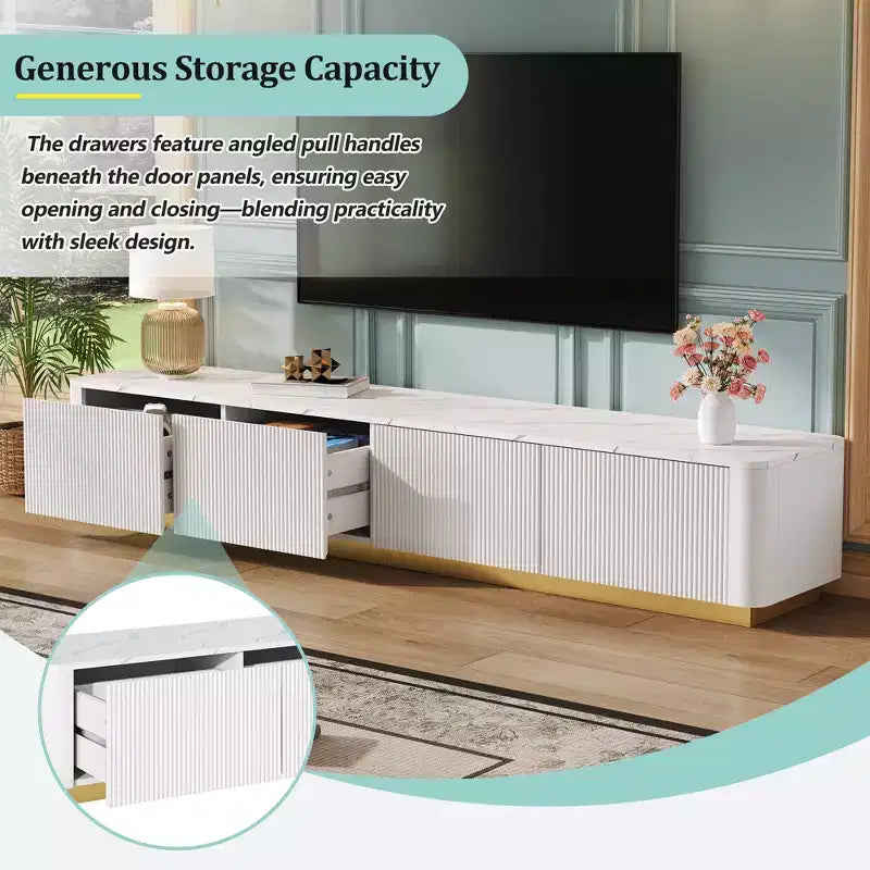 Mobile TV CLIHOME con scanalature per TV fino a 85 pollici, Consolle multimediale con piano in finto marmo e 4 cassetti, Centro di intrattenimento con base dorata