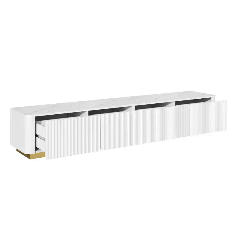 Mobile TV CLIHOME con scanalature per TV fino a 85 pollici, Consolle multimediale con piano in finto marmo e 4 cassetti, Centro di intrattenimento con base dorata