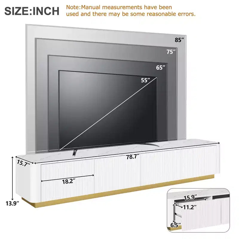 Mobile TV CLIHOME con scanalature per TV fino a 85 pollici, Consolle multimediale con piano in finto marmo e 4 cassetti, Centro di intrattenimento con base dorata