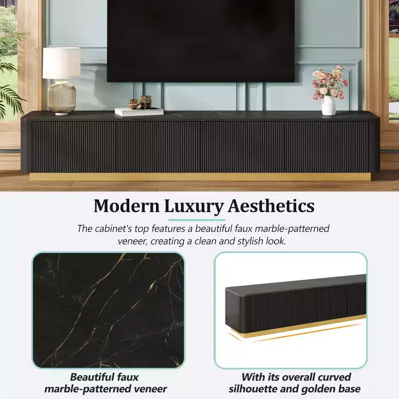 Mobile TV CLIHOME con scanalature per TV fino a 85 pollici, Consolle multimediale con piano in finto marmo e 4 cassetti, Centro di intrattenimento con base dorata