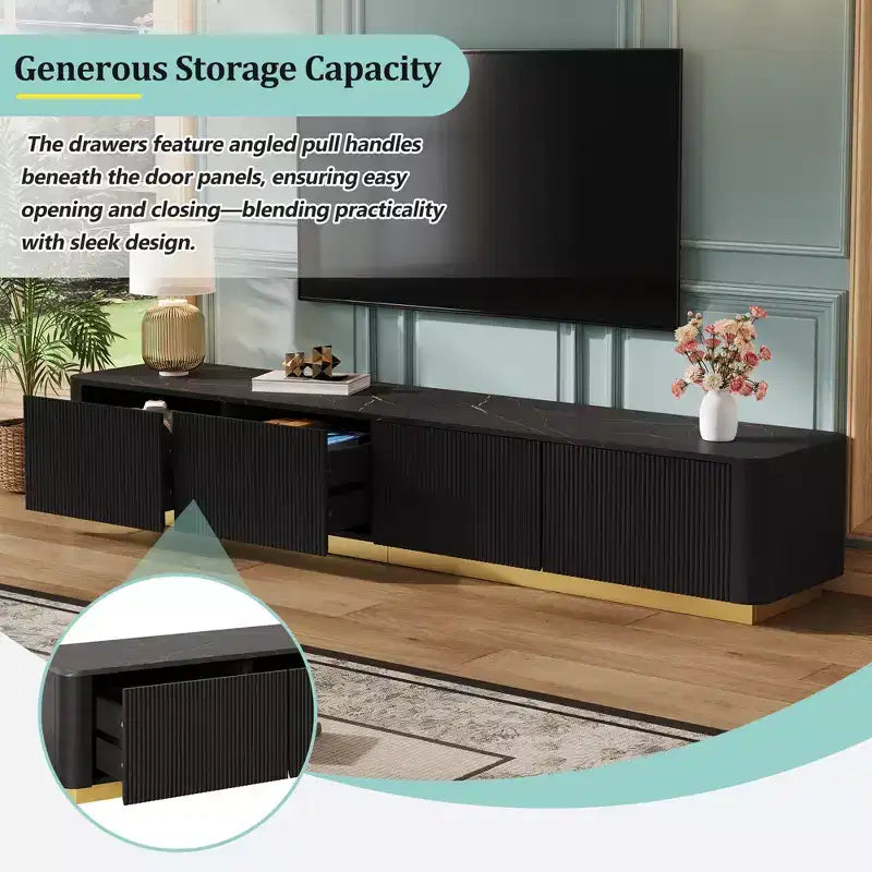 Mobile TV CLIHOME con scanalature per TV fino a 85 pollici, Consolle multimediale con piano in finto marmo e 4 cassetti, Centro di intrattenimento con base dorata