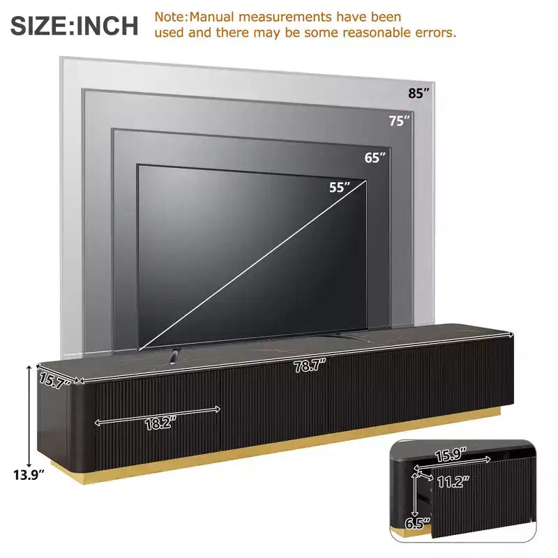 Mobile TV CLIHOME con scanalature per TV fino a 85 pollici, Consolle multimediale con piano in finto marmo e 4 cassetti, Centro di intrattenimento con base dorata