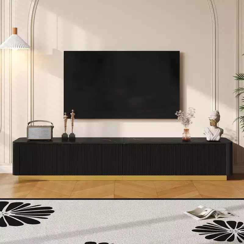 CLIHOME Fluted TV Stand for TVs Up to 85, Faux Marble Tabletop Media Console with 4 Drawers, Entertainment Center with Gold Base
