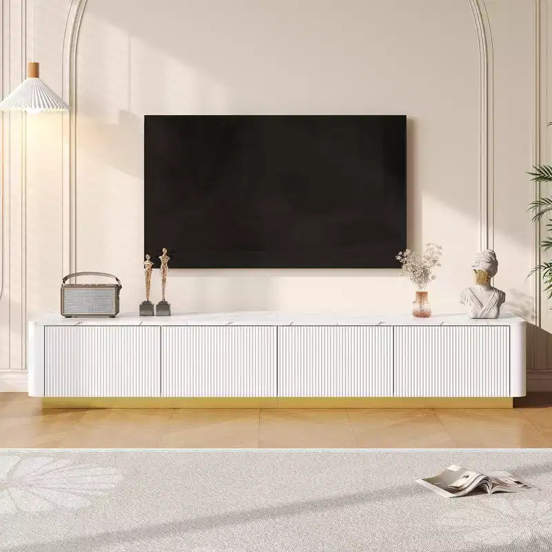 Mobile TV CLIHOME con scanalature per TV fino a 85 pollici, Consolle multimediale con piano in finto marmo e 4 cassetti, Centro di intrattenimento con base dorata