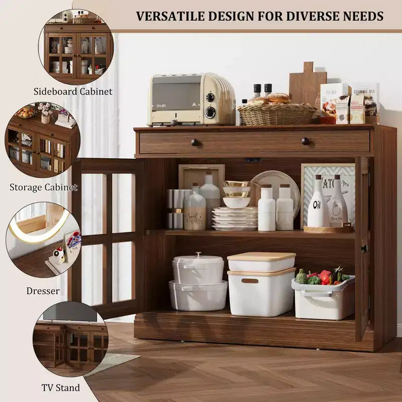 35.4 Mobiletto credenza con anta in vetro, Credenza contenitore per sala da pranzo, cucina