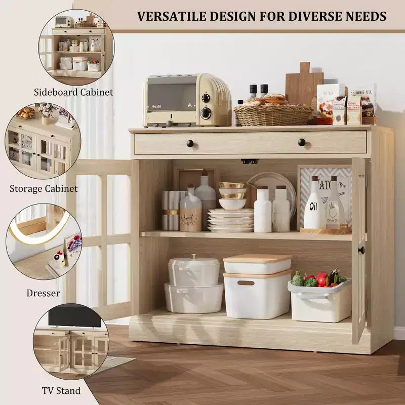 35.4 Mobiletto credenza con anta in vetro, Credenza contenitore per sala da pranzo, cucina
