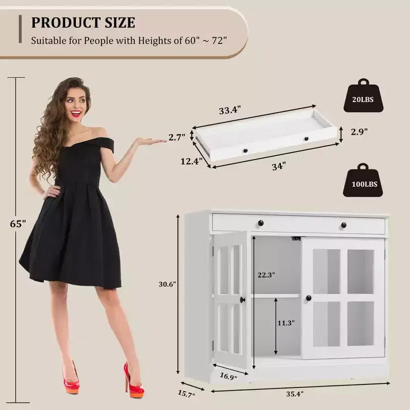 35.4 Mobiletto credenza con anta in vetro, Credenza contenitore per sala da pranzo, cucina