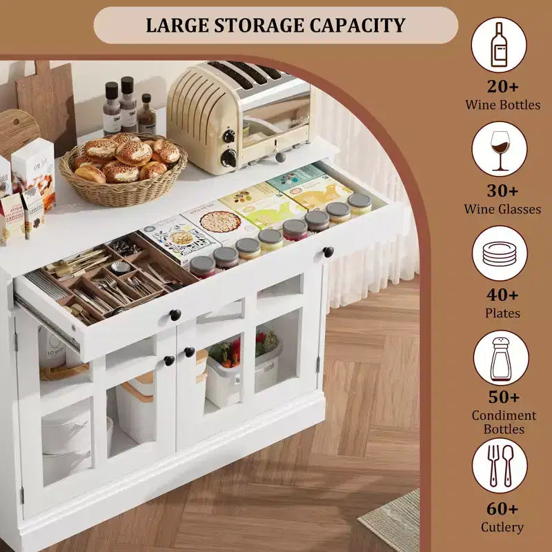 35.4 Mobiletto credenza con anta in vetro, Credenza contenitore per sala da pranzo, cucina