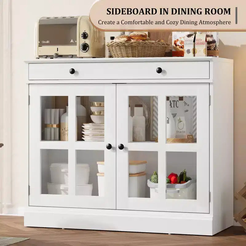 35.4 Mobiletto credenza con anta in vetro, Credenza contenitore per sala da pranzo, cucina
