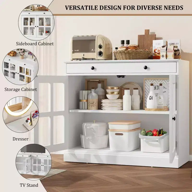 35.4 Mobiletto credenza con anta in vetro, Credenza contenitore per sala da pranzo, cucina