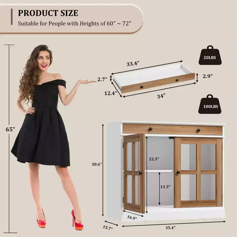 35.4 Mobiletto credenza con anta in vetro, Credenza contenitore per sala da pranzo, cucina