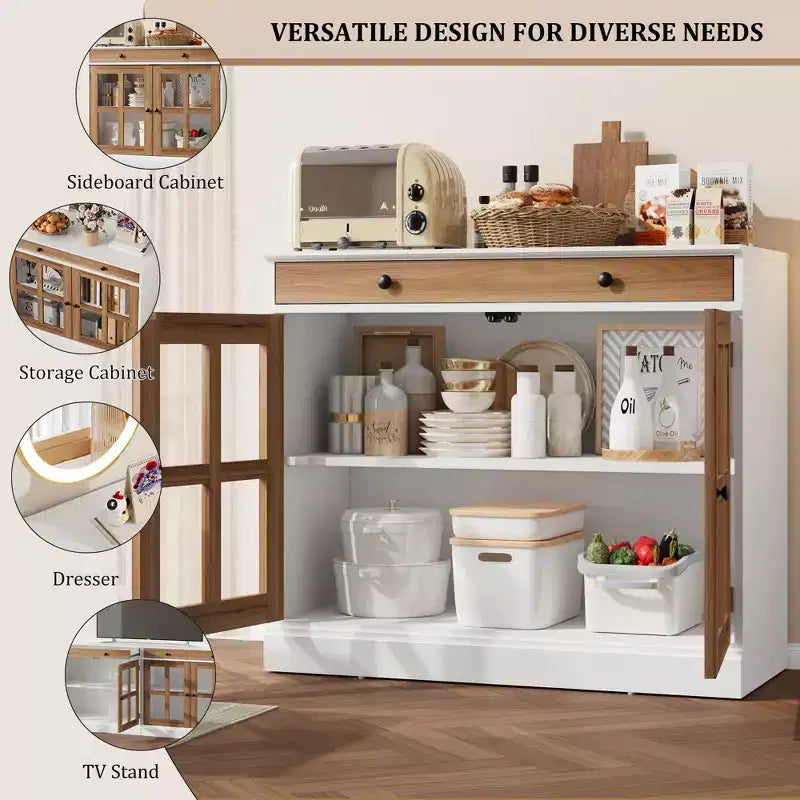 35.4 Mobiletto credenza con anta in vetro, Credenza contenitore per sala da pranzo, cucina