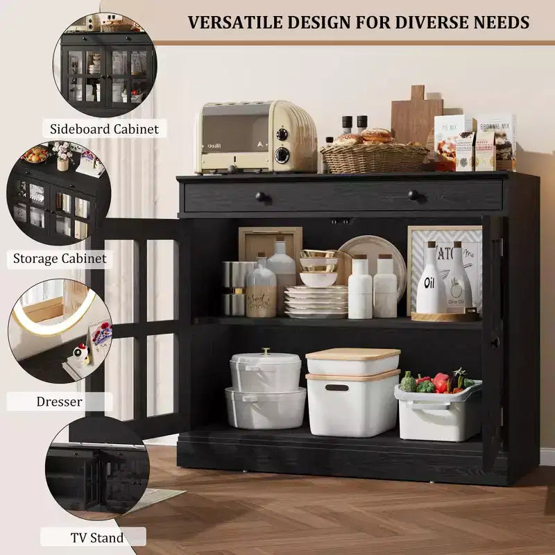 35.4 Mobiletto credenza con anta in vetro, Credenza contenitore per sala da pranzo, cucina
