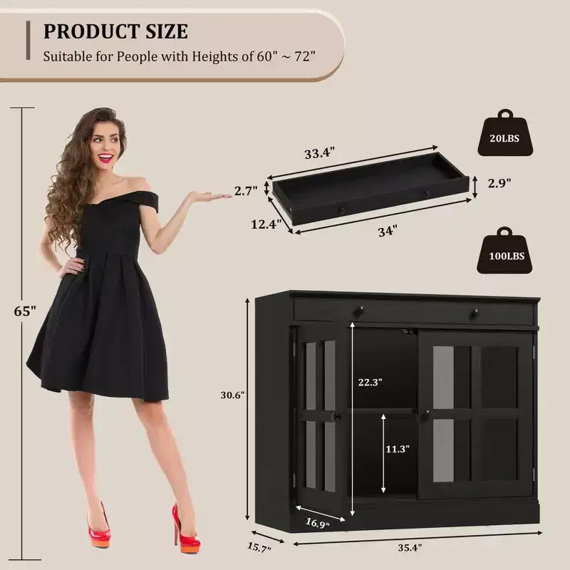 35.4 Mobiletto credenza con anta in vetro, Credenza contenitore per sala da pranzo, cucina