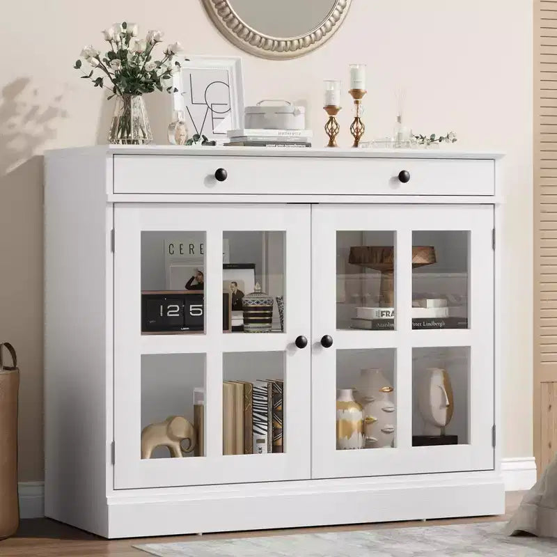 35.4 Mobiletto credenza con anta in vetro, Credenza contenitore per sala da pranzo, cucina