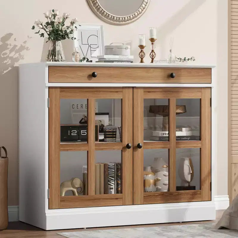 35.4 Mobiletto credenza con anta in vetro, Credenza contenitore per sala da pranzo, cucina
