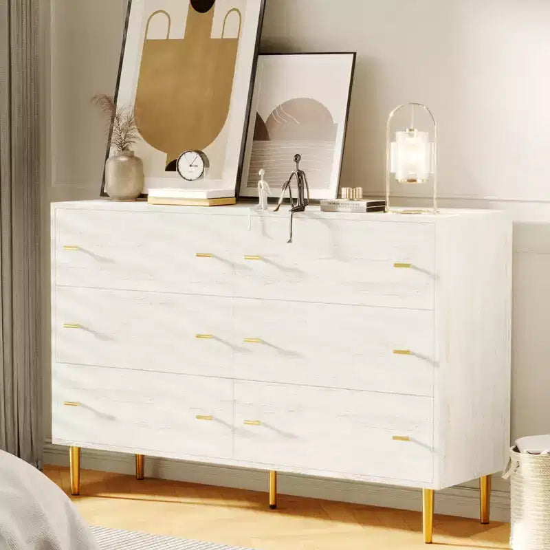 GustoWave Farmhouse 6 Drawers Dresser for Bedroom, 47.2 Wide White Dresser Wood Rustic Chest of Drawers, Natural Texture,Drawer Organizer