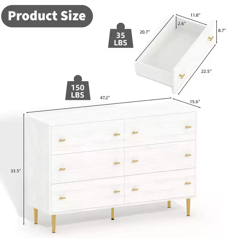 GustoWave Comò a 6 cassetti in stile rustico per camera da letto, Comò bianco in legno rustico largo 120 cm, Struttura naturale, Organizer per cassetti