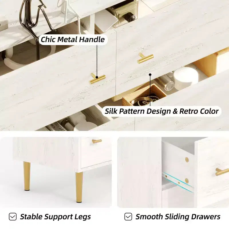 GustoWave Comò a 6 cassetti in stile rustico per camera da letto, Comò bianco in legno rustico largo 120 cm, Struttura naturale, Organizer per cassetti