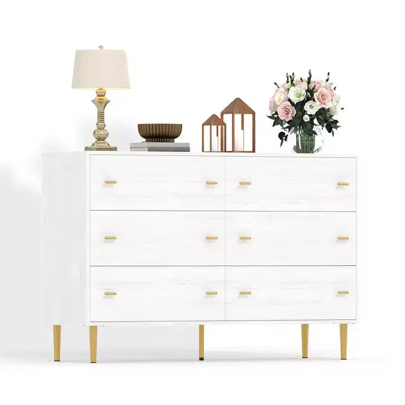 GustoWave Comò a 6 cassetti in stile rustico per camera da letto, Comò bianco in legno rustico largo 120 cm, Struttura naturale, Organizer per cassetti