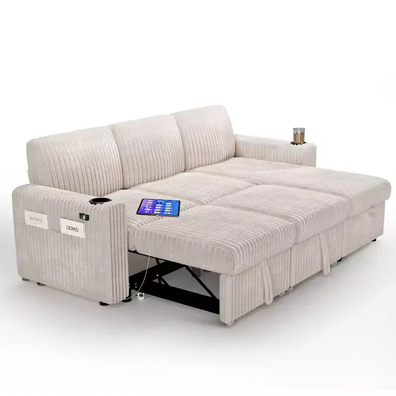 Dyonery 101 Divano Letto Angolare con Letto Estraibile, Schienale Reclinabile/Chaise Longue Contenitore Reversibile/Porte USB/Portabicchieri, Velluto a Coste Morbido