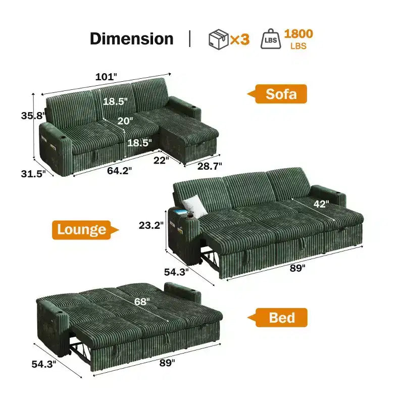 Dyonery 101 Divano Letto Angolare con Letto Estraibile, Schienale Reclinabile/Chaise Longue Contenitore Reversibile/Porte USB/Portabicchieri, Velluto a Coste Morbido