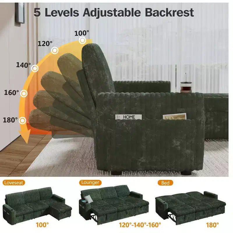 Dyonery 101 Divano Letto Angolare con Letto Estraibile, Schienale Reclinabile/Chaise Longue Contenitore Reversibile/Porte USB/Portabicchieri, Velluto a Coste Morbido