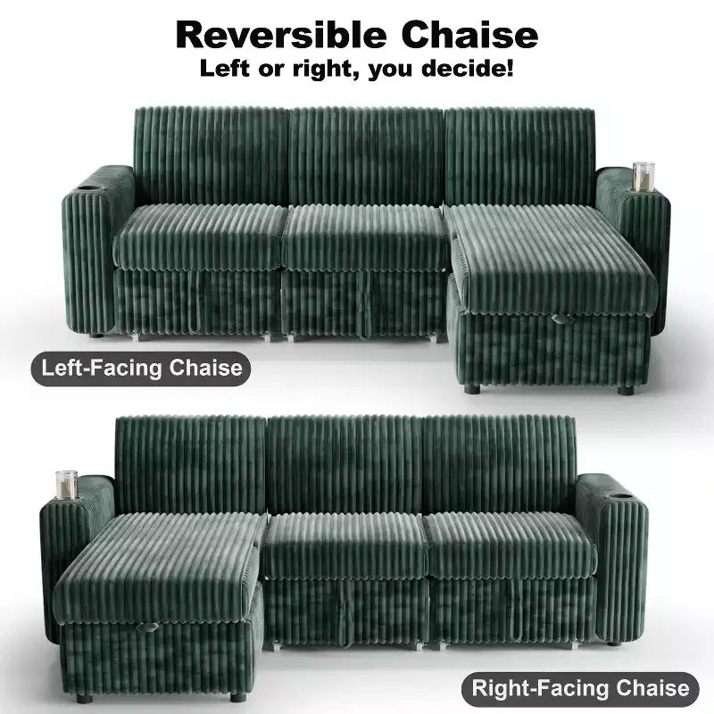 Dyonery 101 Divano Letto Angolare con Letto Estraibile, Schienale Reclinabile/Chaise Longue Contenitore Reversibile/Porte USB/Portabicchieri, Velluto a Coste Morbido
