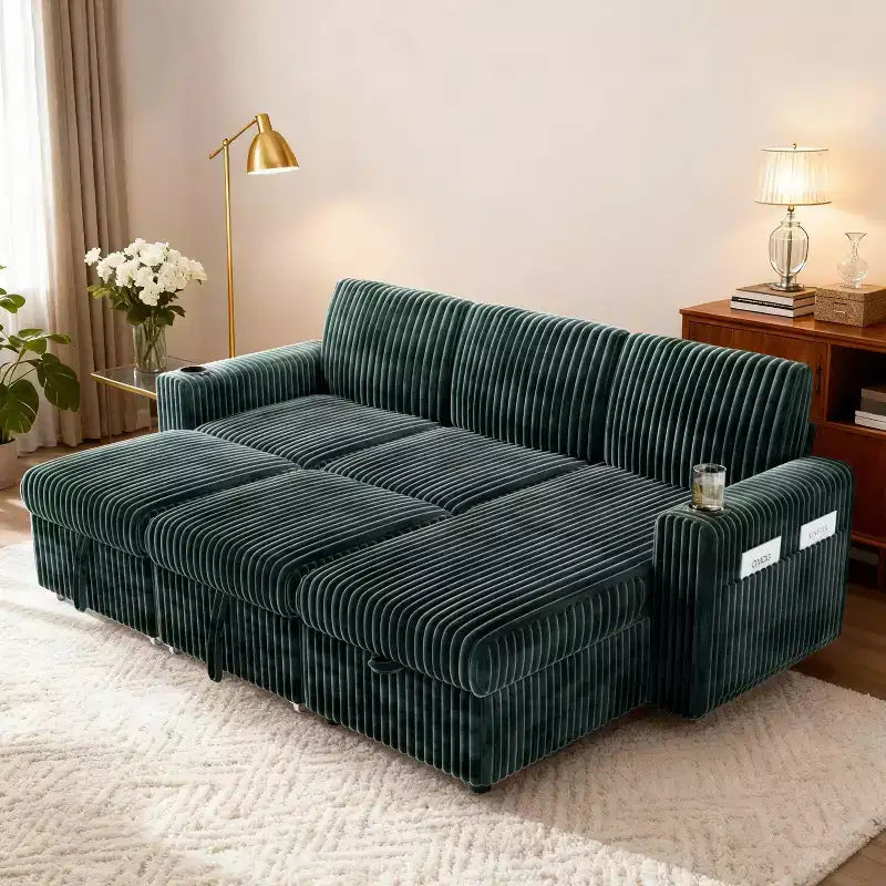 Dyonery 101 Divano Letto Angolare con Letto Estraibile, Schienale Reclinabile/Chaise Longue Contenitore Reversibile/Porte USB/Portabicchieri, Velluto a Coste Morbido
