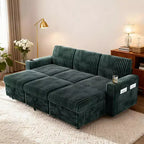 Dyonery 101 Divano Letto Angolare con Letto Estraibile, Schienale Reclinabile/Chaise Longue Contenitore Reversibile/Porte USB/Portabicchieri, Velluto a Coste Morbido