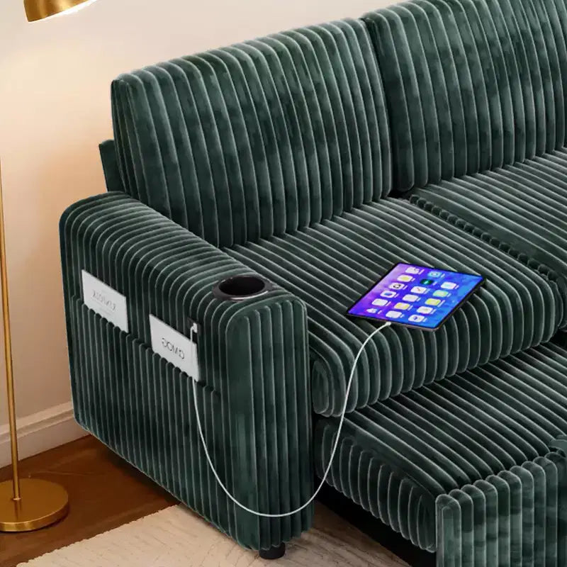 Dyonery 101 Divano Letto Angolare con Letto Estraibile, Schienale Reclinabile/Chaise Longue Contenitore Reversibile/Porte USB/Portabicchieri, Velluto a Coste Morbido