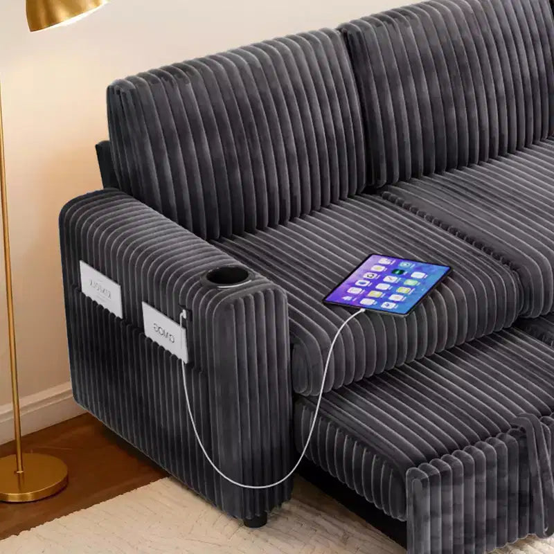 Dyonery 101 Divano Letto Angolare con Letto Estraibile, Schienale Reclinabile/Chaise Longue Contenitore Reversibile/Porte USB/Portabicchieri, Velluto a Coste Morbido