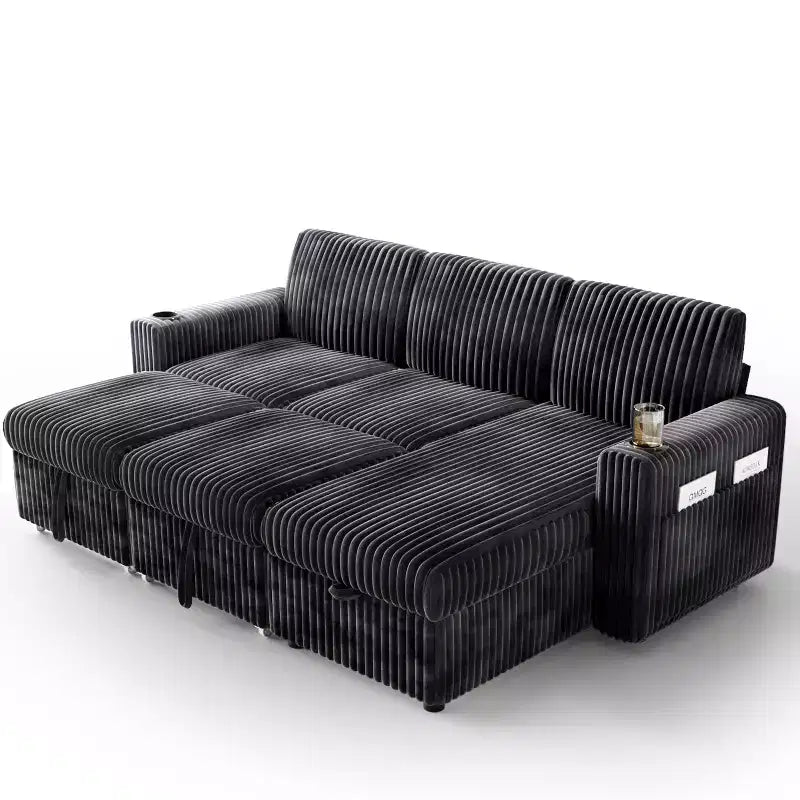 Dyonery 101 Divano Letto Angolare con Letto Estraibile, Schienale Reclinabile/Chaise Longue Contenitore Reversibile/Porte USB/Portabicchieri, Velluto a Coste Morbido