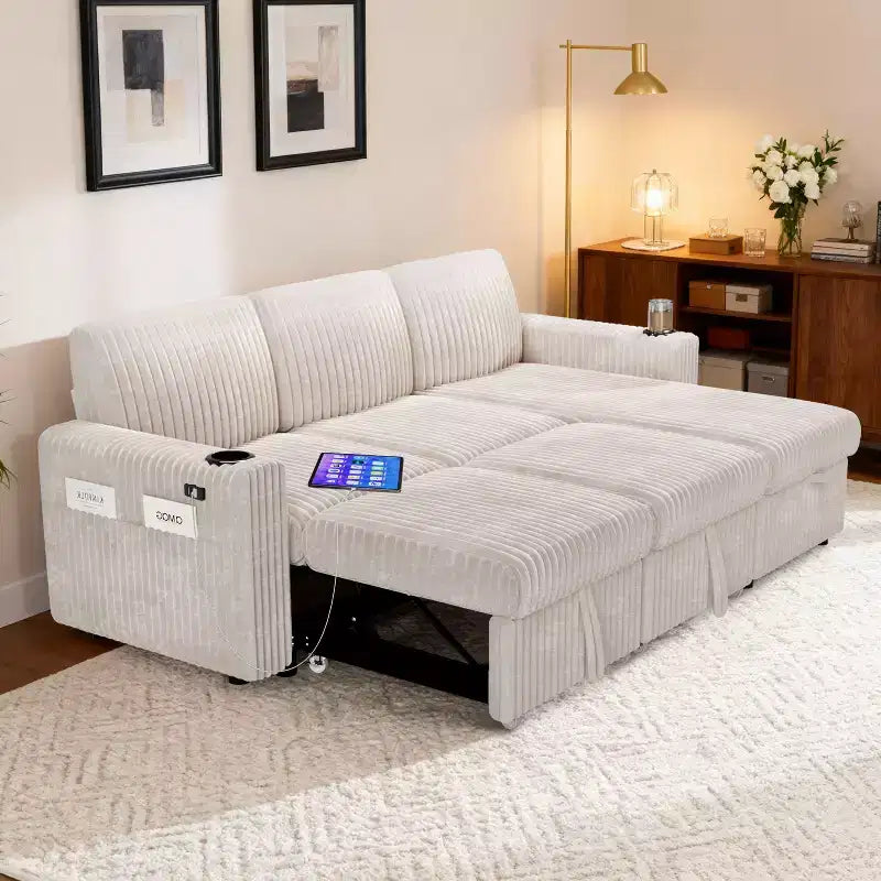 Dyonery 101 Divano Letto Angolare con Letto Estraibile, Schienale Reclinabile/Chaise Longue Contenitore Reversibile/Porte USB/Portabicchieri, Velluto a Coste Morbido