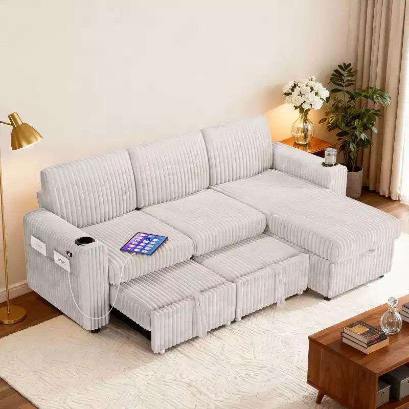 Dyonery 101 Divano Letto Angolare con Letto Estraibile, Schienale Reclinabile/Chaise Longue Contenitore Reversibile/Porte USB/Portabicchieri, Velluto a Coste Morbido