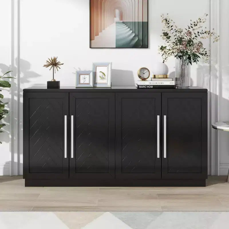 Okak Credenza Elegante a 4 Ante con Maniglie Argentate e Ripiani Regolabili, Mobile Buffet in Legno per Cucina/Sala da Pranzo/Corridoio