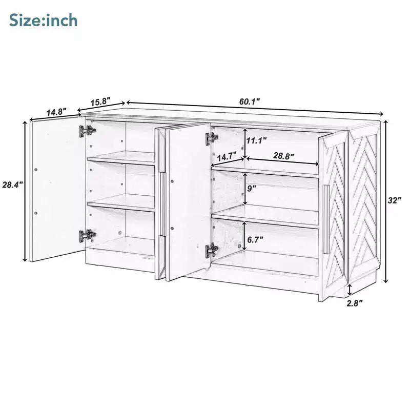 Okak Credenza Elegante a 4 Ante con Maniglie Argentate e Ripiani Regolabili, Mobile Buffet in Legno per Cucina/Sala da Pranzo/Corridoio
