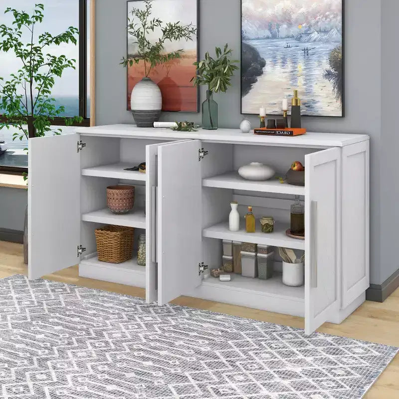 Okak Credenza Elegante a 4 Ante con Maniglie Argentate e Ripiani Regolabili, Mobile Buffet in Legno per Cucina/Sala da Pranzo/Corridoio