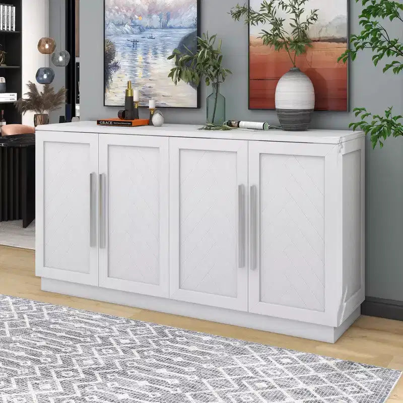 Okak Credenza Elegante a 4 Ante con Maniglie Argentate e Ripiani Regolabili, Mobile Buffet in Legno per Cucina/Sala da Pranzo/Corridoio